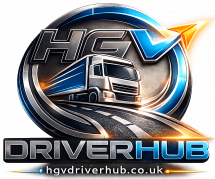 HGV DriverHub futuristic 3D logo featuring a modern truck, metallic blue and silver typography, glowing orange arrow, and dynamic highway design on transparent background.